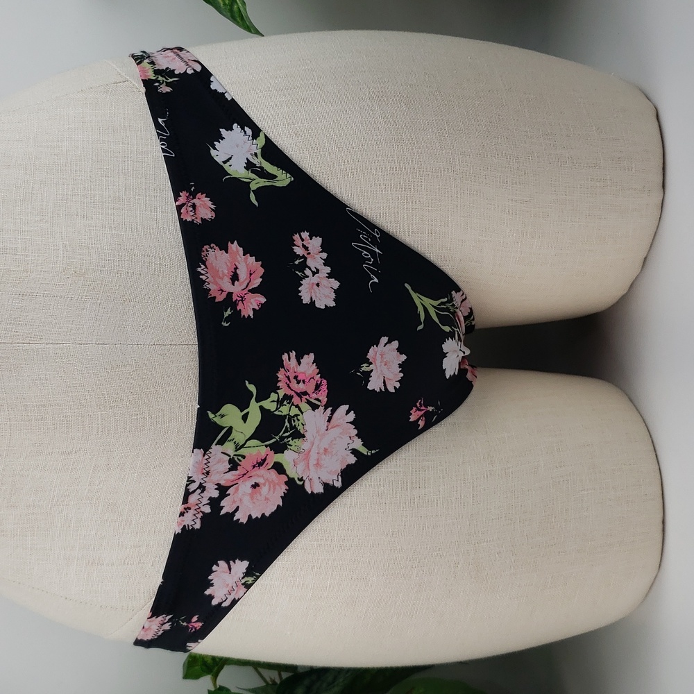 Victoria's Secret Bikini Bottoms Black Pink Floral sz Large
